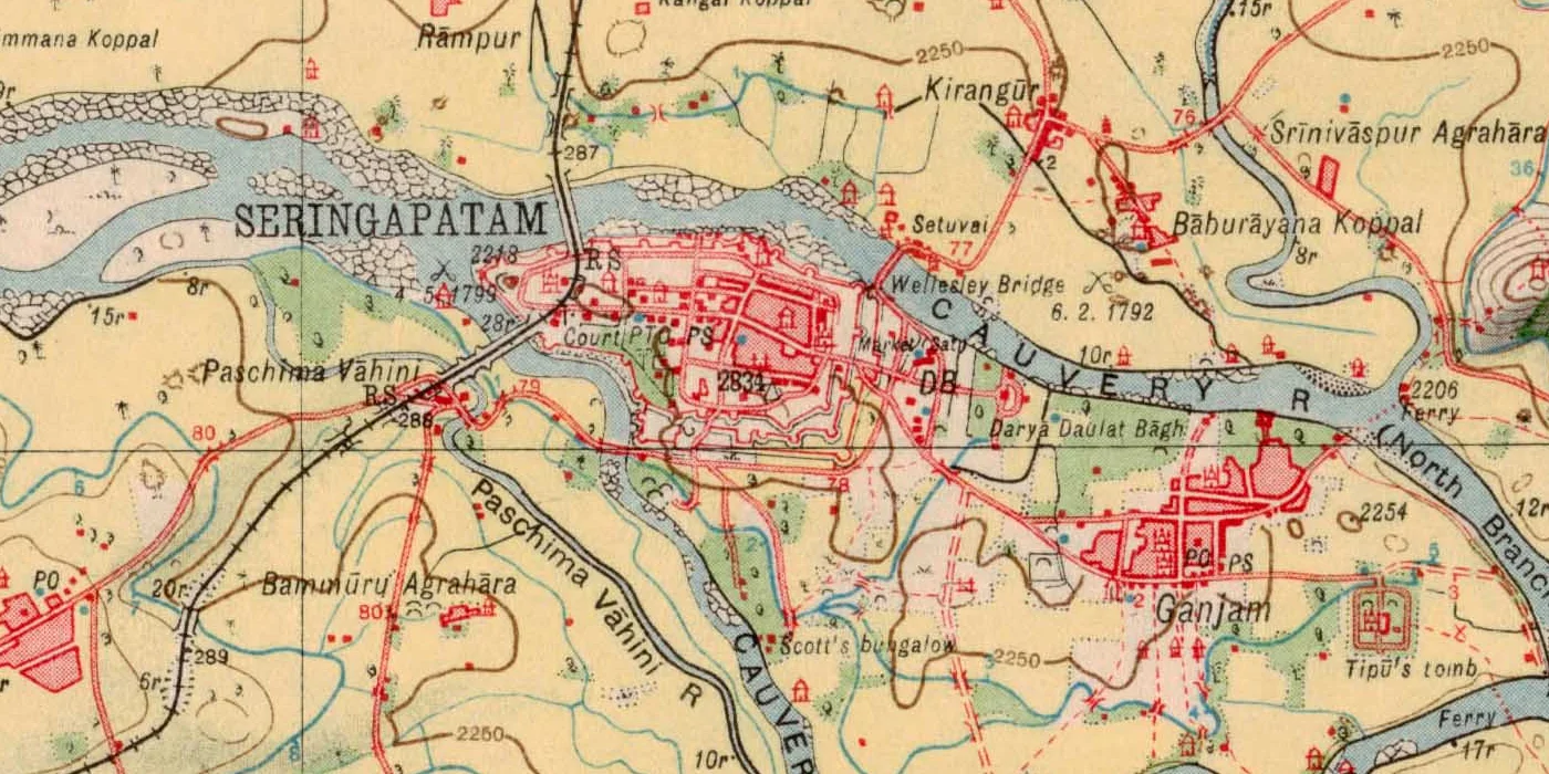 Detail of the 1926 Survey of India sheet: Seringapatam fort on the Cauvery, Wellesley Bridge, Darya Daulat Bagh, Ganjam and Tipu's tomb.